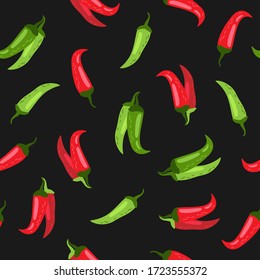 Hand drawn seamless vector pattern of peppers. Vegetarian food background. Cartoon style. Spicy food.