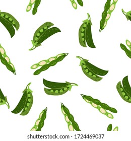 Hand drawn seamless vector pattern of green bean and pea pods . Vegetarian food background. Cartoon style. Green vegetables.