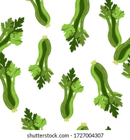 Hand drawn seamless vector pattern of celery. Vegetarian food background. Cartoon style. Green vegetables.