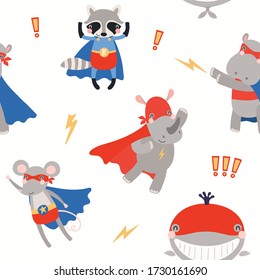 Hand drawn seamless vector pattern with cute animal superheroes, on a white background. Scandinavian style flat design. Concept for children textile print, wallpaper, wrapping paper, packaging.