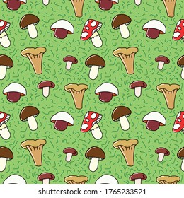 Hand drawn seamless vector pattern with mushrooms