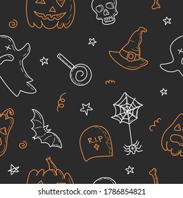 Hand drawn seamless vector pattern with cute pumpkins, skulls, cobwebs on black background. Perfect for fabric or wrapping paper.
