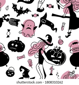 Hand drawn seamless vector pattern with cute witches gorls in Halloween costumes, on a white background. Scandinavian style flat design. Concept for girly textile print, wrapping paper. Black and pink