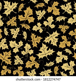 Hand drawn seamless vector pattern with gold pumpkin leaves for fabric, wrapping paper or wallpaper. Autumn background with maple leaves. Holiday Halloween pattern