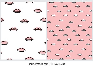 Hand Drawn Seamless Vector Pattern with Lips Isolated on a Pink and White Background. Funny Doodle Print. Simple Infantile Style Repeatable Design with Kissing Lips.