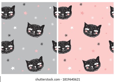 Hand Drawn Seamless Vector Pattern with Cute Black Cat Isolated on a Pink and Gray Background. Funny Doodle Print. Simple Infantile Style Repeatable Design with Black Kitties.