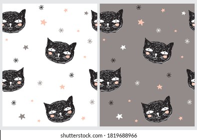 Hand Drawn Seamless Vector Pattern with Cute Black Cat Isolated on a White and Brown Background. Funny Doodle Print. Simple Infantile Style Repeatable Design with Black Kitties.