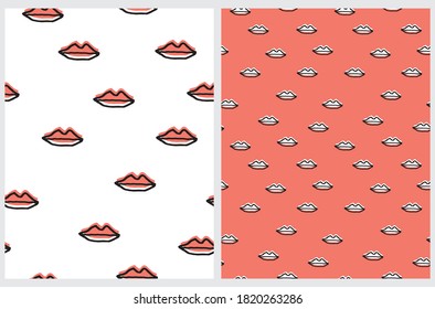 Hand Drawn Seamless Vector Pattern with Lips Isolated on a Red and White Background. Funny Doodle Print. Simple Infantile Style Repeatable Design with Kissing Lips.