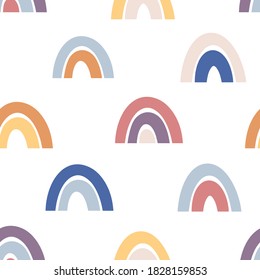 Hand drawn seamless vector pattern with rainbows. Flat baby background. Cute scandi pattern for baby apparel, nursery, textile. Creative kids illustration