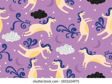 Hand drawn seamless vector pattern with cute unicorns, stars, clouds and rainbow. Magic background with in sweet purple color. Perfect for fabric, wallpaper, wrapping paper or nursery decor