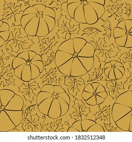 Hand drawn seamless vector pattern with pumpkins and leaves for fabric, wrapping paper or wallpaper. Vegetable autumn background. Holiday Halloween pattern