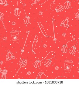 Hand drawn seamless vector pattern with fun winter season activity. White line objects on red background. Cute ski theme doodle elements for design wrapping paper, print, card, gift, fabric, wallpaper