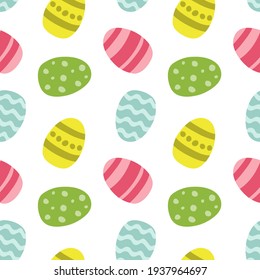 Hand drawn seamless vector pattern with cartoon painted eggs, on a white background. Scandinavian style flat design. Concept for Easter day kids textile print, wallpaper, wrapping paper, packaging.