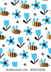Hand Drawn Seamless Vector Pattern with Cute Bees Flying Among Blue Flowers. Childish Style Garden Print with Happy Bees with Blue Wings. Simple Nursery Art ideal for Fabric, Textile, Wrapping Paper. 