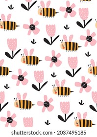 Hand Drawn Seamless Vector Pattern with Cute Bees Flying Among Pink Flowers. Childish Style Garden Print with Happy Bees with Pink Wings. Simple Nursery Art ideal for Fabric, Textile, Wrapping Paper. 