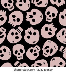 Hand drawn seamless vector pattern with skulls. Spooky background for Halloween party, autumn holidays and decorative design. Festive repeatable backdrop, flat style. Vector illustration