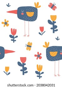 Hand Drawn Seamless Vector Pattern with Cute Birds Standing Among Flowers. Childish Style Garden Print with Happy Bird and Butterfly. Simple Nursery Art ideal for Fabric, Textile, Wrapping Paper. 