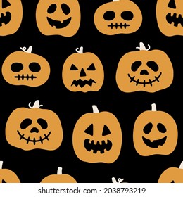 Hand drawn seamless vector pattern with Halloween pumpkins with different funny faces. Cute vector background for decorative design, holidays and Halloween. Trendy spooky illustration, flat style