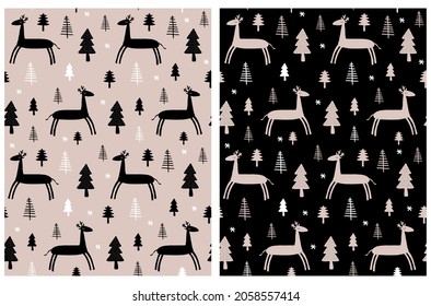 Hand Drawn Seamless Vector Pattern with Cute Deer Among Trees and Snowflakes. Infantile Style Christmas Print ideal for Fabric, Wrapping Paper. Funny Moose Isolated on a Beige and Black Background.