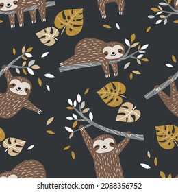 Hand drawn seamless vector pattern with cute sloths and tropical palm leaves. Perfect for textile, wallpaper or print design.