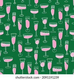 Hand Drawn Seamless Vector Pattern With Alcohol Glasses. Party Vibes Pattern With Cocktails In Trendy Style.