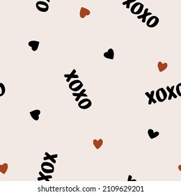 Hand drawn seamless vector pattern with xoxo lettering. Endless romantic background for Valentines Day, holidays and wedding design. Cute flat illustration. Love symbol. Boho female texture