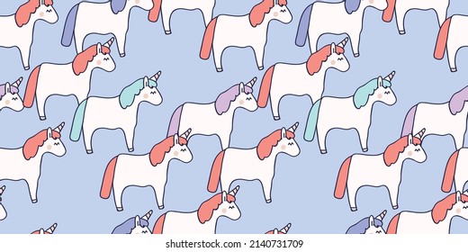 Hand drawn seamless vector pattern with cute baby unicorns on purple background. Perfect for fabric, wrapping paper or nursery decor.