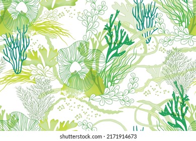 Hand drawn seamless vector pattern. Corals and algae on a white background for printing, fabric, textile, manufacturing, wallpapers. Sea bottom.