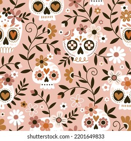 Hand drawn seamless vector pattern with cute sugar skulls and flowers. Perfect for fabric or wrapping paper.