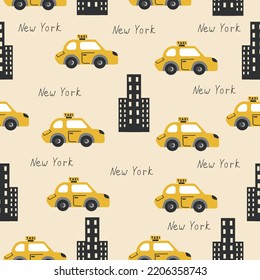 Hand drawn seamless vector pattern of New York City with buildings and taxi. 