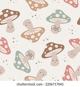 Hand Drawn Seamless Vector Pattern and  Cute Kawaii Mushrooms  Cute drawing doodle cartoon characters  Design for scrapbooking  paper goods  background  wallpaper  fabric   all your creative projec