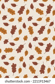 Hand Drawn Seamless Vector Pattern with Autumn Leaves. Cute Repeatable Design. Isolated Elements on Light Beige Background. Great for Textile, Fabric Prints, Wrapping Paper. 