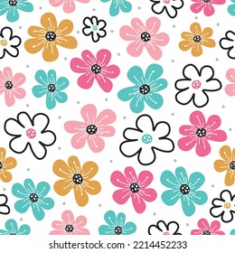 Hand Drawn Seamless Vector Pattern with Cute flower and dot. Cute drawing doodle style. Design for scrapbooking, paper goods, background, wallpaper, fabric and all your creative project