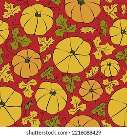 Hand drawn seamless vector pattern with pumpkins and leaves for fabric, wrapping paper or wallpaper. Vegetable autumn background. Holiday Halloween pattern
