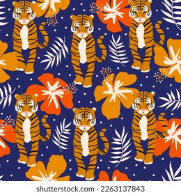 hand drawn seamless vector pattern illustration with tigers, colorful hibiscus flowers and leaves on blue background