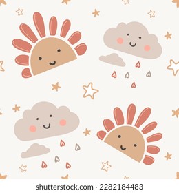 Hand drawn seamless vector pattern with cute sun, clouds, on a white background. Scandinavian boho style flat design. Concept for children summer textile print, wallpaper, wrapping paper.