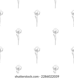 Hand drawn seamless vector pattern of blomming outline tulips doodle style, ink scetch