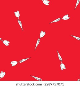 Hand drawn seamless vector pattern of white tulips on a red background in doodle style, ink scetch