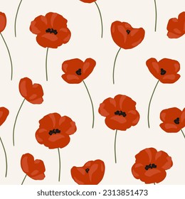 Hand drawn seamless vector pattern with poppy flowers. Pretty summer background with poppies for prints, textile. Wildflowers endless pattern in trendy style. Meadow floral illustration