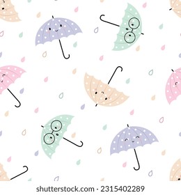 Handgezeichnet Seamless Vector Muster mit Kawaii Cute Pastellschirmen. Design für Scrapbooking, Papierwaren, Hintergrund, Tapete, Stoff und mehr