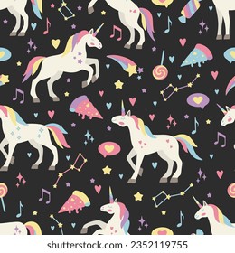 Hand drawn seamless vector pattern with cute unicorns, stars, hearts, diamonds. Perfect for fabric, wallpaper, wrapping paper or nursery decor.