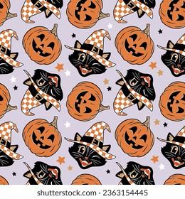 Hand drawn seamless vector pattern with vintage Halloween black cat and pumpkin. Perfect for textile, wallpaper or print design.