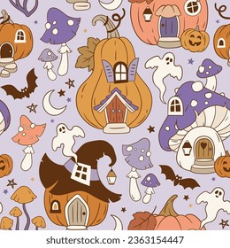 Hand drawn seamless vector pattern with fairy Halloween pumpkin homes, cute mushroom houses, bat, ghost, mushroom, moon and stars. Perfect for textile, wallpaper or print design.