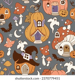 Hand drawn seamless vector pattern with fairy Halloween pumpkin homes, cute mushroom houses, bat, ghost, mushroom, moon and stars. Perfect for textile, wallpaper or print design.