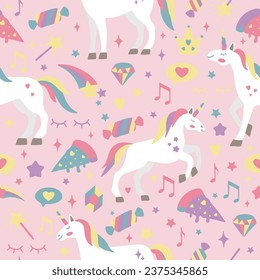Hand drawn seamless vector pattern with cute unicorns, stars, hearts, diamonds. Perfect for fabric, wallpaper, wrapping paper or nursery decor.