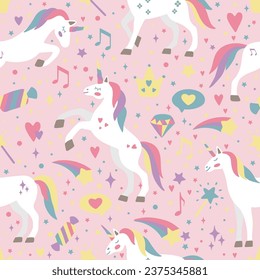 Hand drawn seamless vector pattern with cute unicorns, stars, hearts, diamonds. Perfect for fabric, wallpaper, wrapping paper or nursery decor.