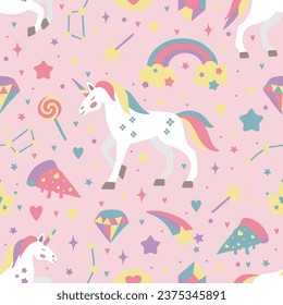 Hand drawn seamless vector pattern with cute unicorns, stars, hearts, diamonds. Perfect for fabric, wallpaper, wrapping paper or nursery decor.