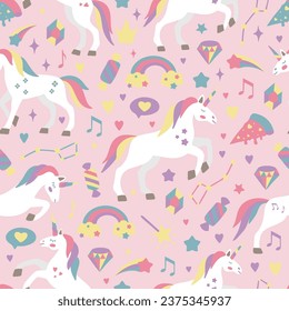 Hand drawn seamless vector pattern with cute unicorns, stars, hearts, diamonds. Perfect for fabric, wallpaper, wrapping paper or nursery decor.