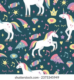 Hand drawn seamless vector pattern with cute unicorns, stars, hearts, diamonds. Perfect for fabric, wallpaper, wrapping paper or nursery decor.