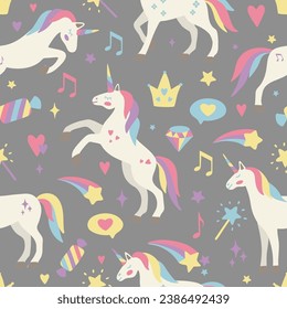 Hand drawn seamless vector pattern with cute unicorns, stars, hearts, diamonds. Perfect for fabric, wallpaper, wrapping paper or nursery decor.